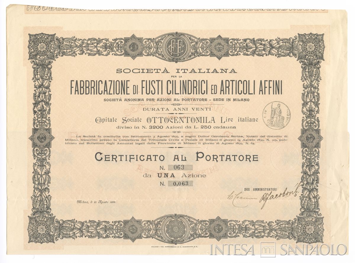 Italiana fabbricazione di fusti cilindrici ed articoli affini SA, certificati azionari al portatore - recto a