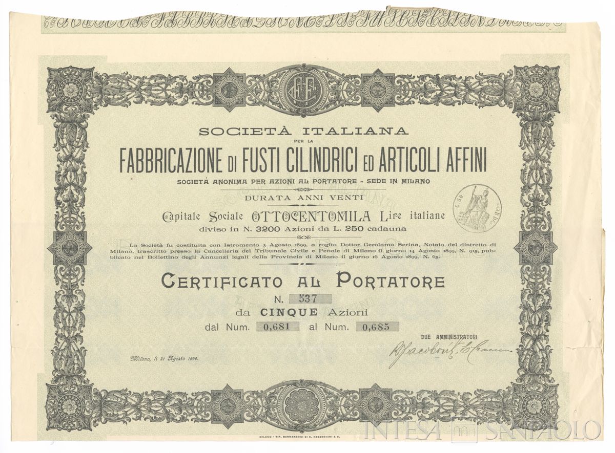 Italiana fabbricazione di fusti cilindrici ed articoli affini SA, certificati azionari al portatore - recto b
