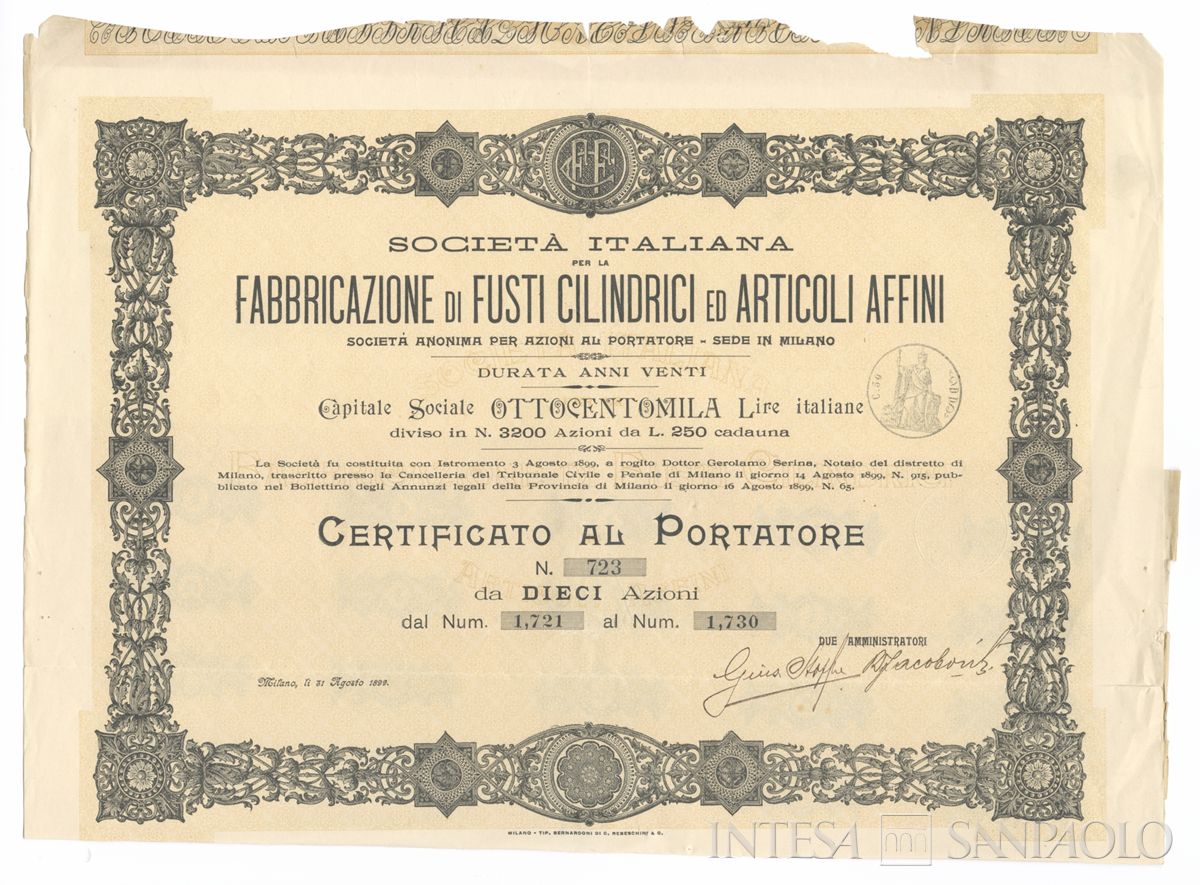 Italiana fabbricazione di fusti cilindrici ed articoli affini SA, certificati azionari al portatore - recto c
