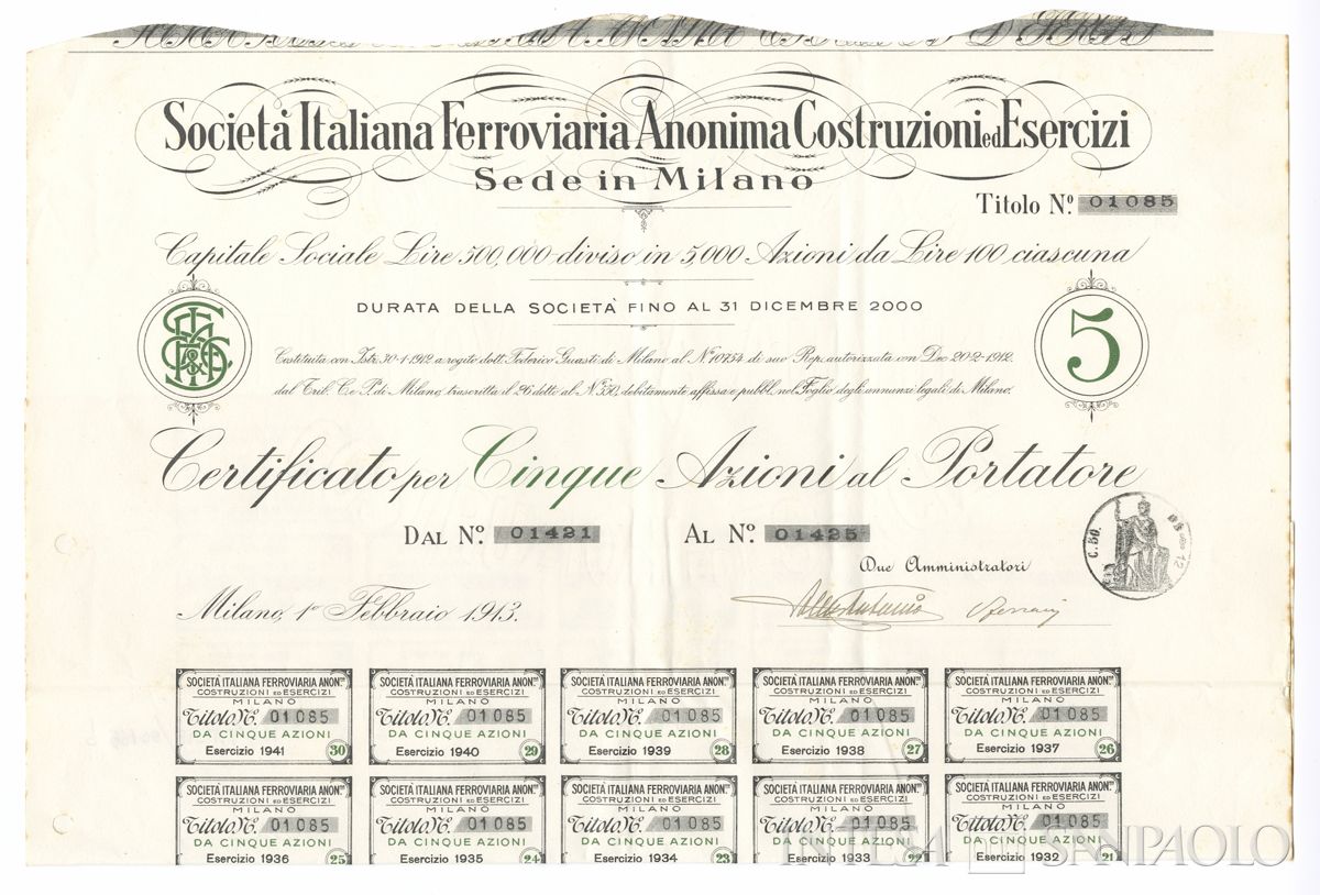 Italiana ferroviaria costruzioni ed esercizi SA, certificati azionari al portatore - recto b