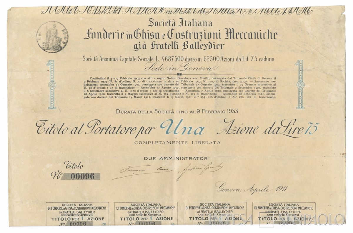 Italiana fonderie in ghisa e costruzioni meccaniche già Fratelli Balleydier SA, certificato azionario al portatore - recto