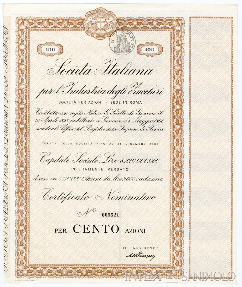 Italiana industria degli Zuccheri SpA, certificato azionario nominativo - recto