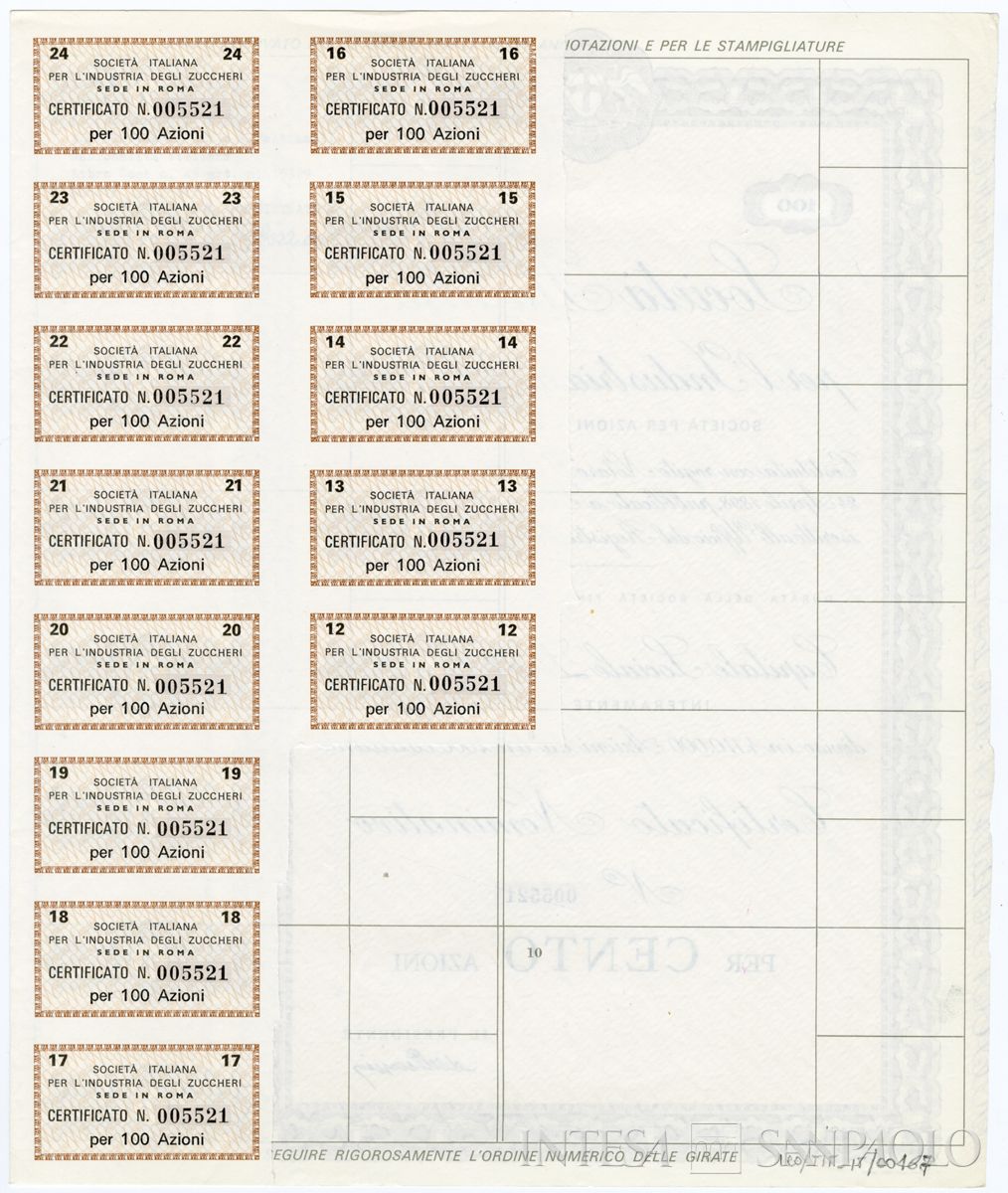 Italiana industria degli Zuccheri SpA, certificato azionario nominativo - recto
