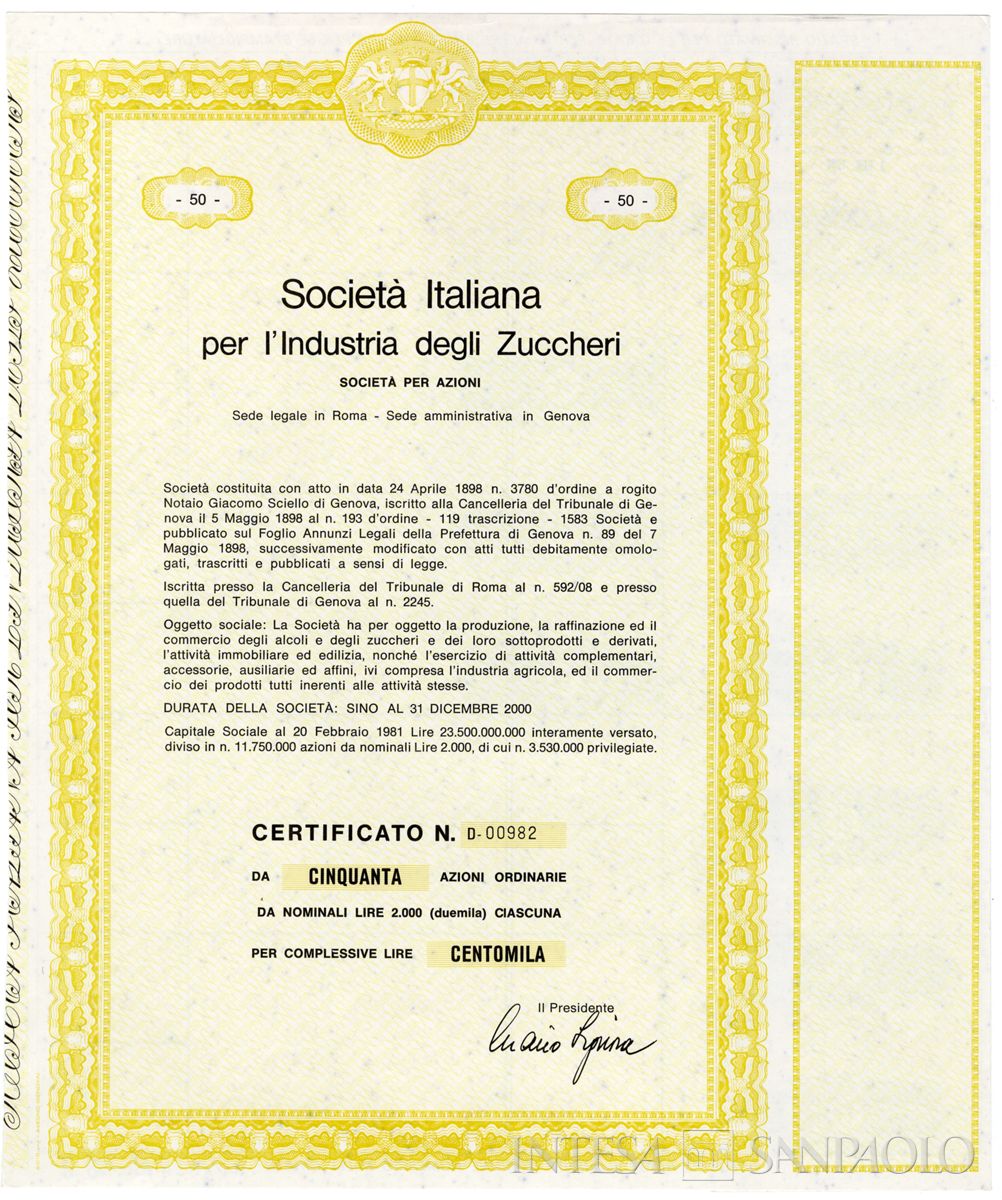 Italiana industria degli Zuccheri SpA, certificati azionari nominativi - recto b