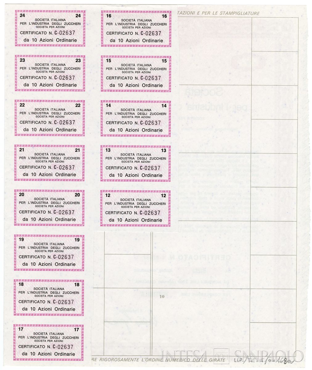 Italiana industria degli Zuccheri SpA, certificati azionari nominativi - recto a