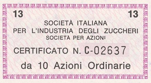 Italiana industria degli Zuccheri SpA, certificati azionari nominativi - dettaglio a