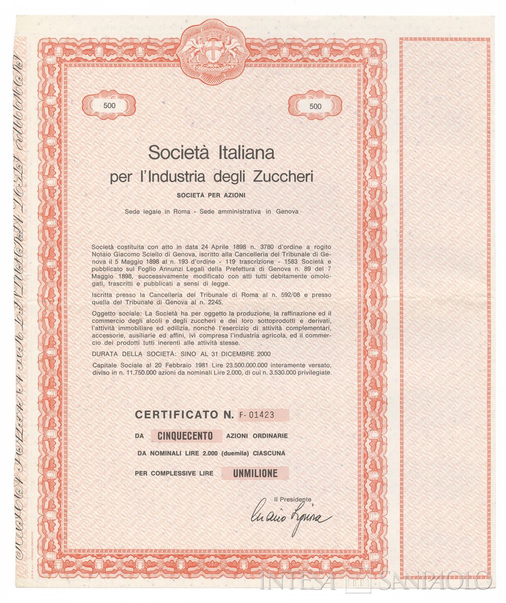 Italiana industria degli Zuccheri SpA, certificati azionari nominativi - recto c