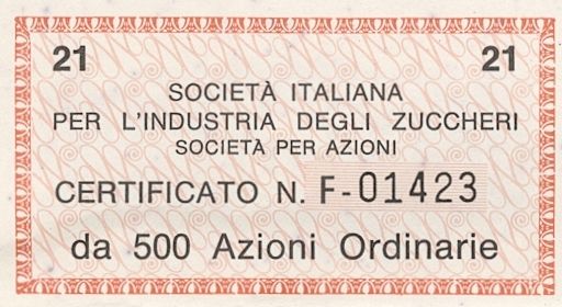 Italiana industria degli Zuccheri SpA, certificati azionari nominativi - dettaglio c
