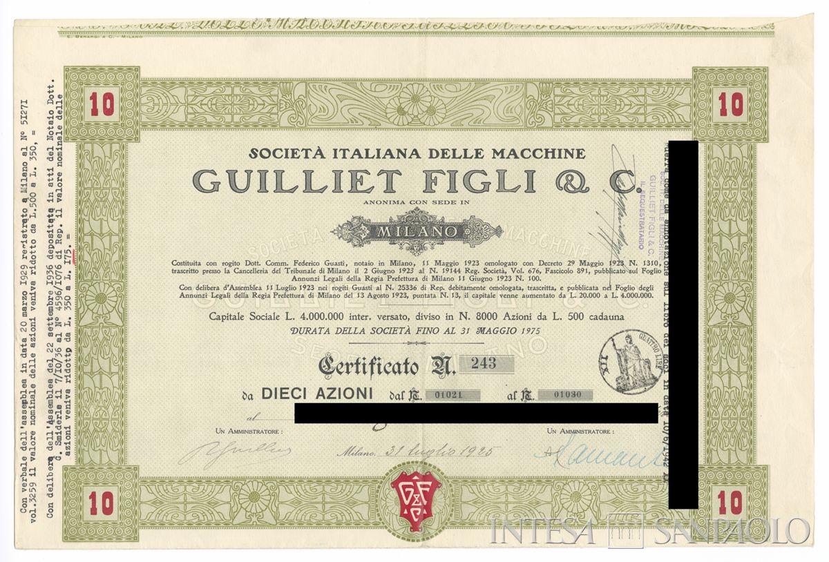 Italiana Macchine Guillet Figli & C. SA, certificati azionari nominativi - recto a