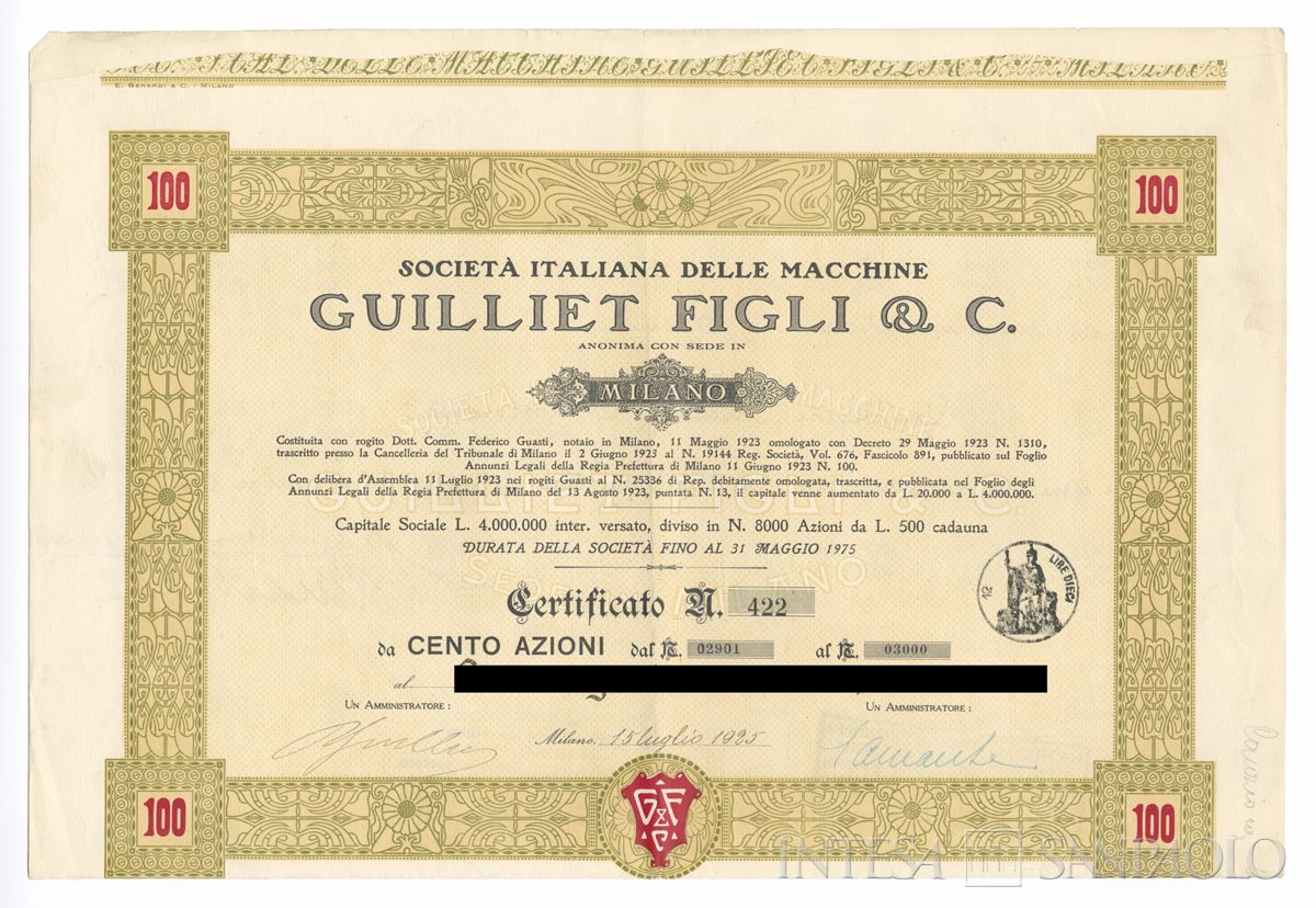 Italiana Macchine Guillet Figli & C. SA, certificati azionari nominativi - recto b