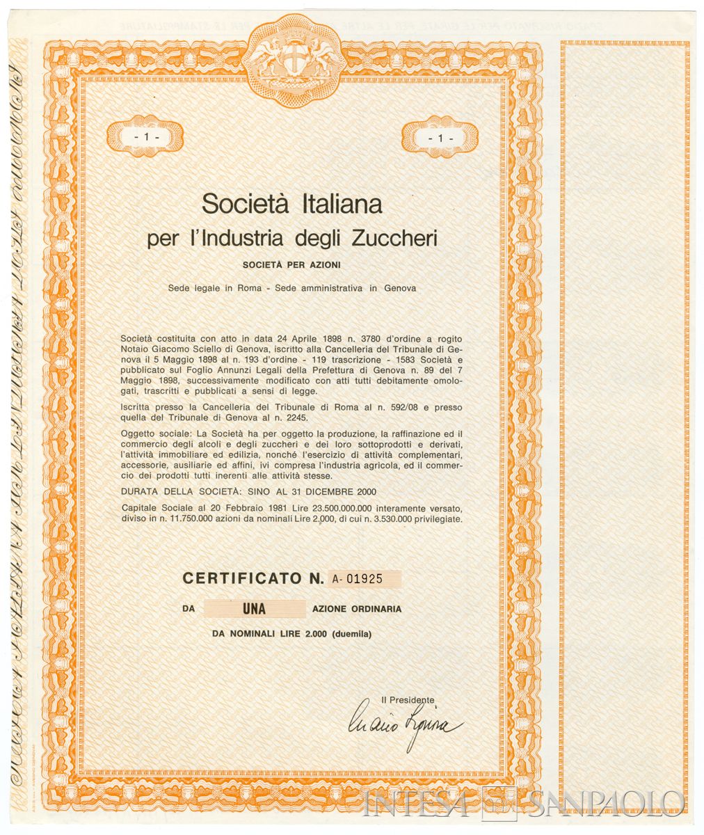 Italiana industria degli Zuccheri SpA, certificati azionari nominativi - recto a