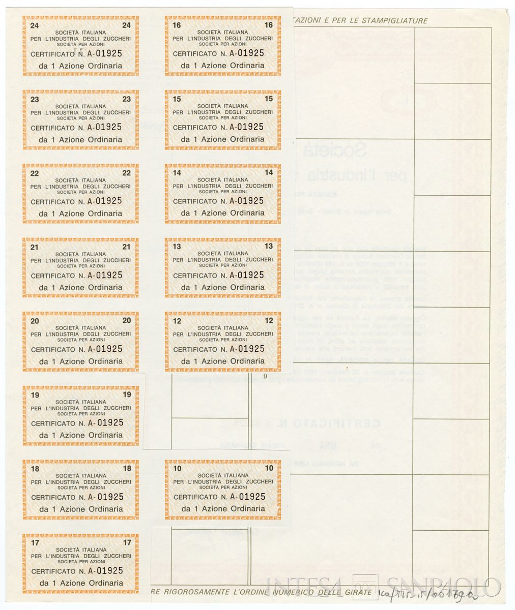Italiana industria degli Zuccheri SpA, certificati azionari nominativi - recto a