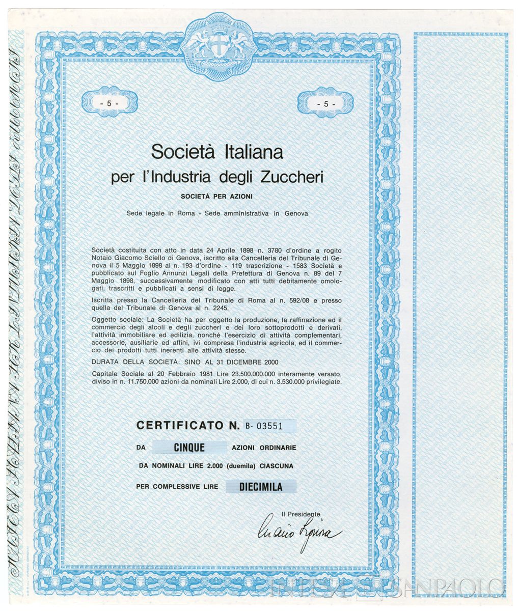 Italiana industria degli Zuccheri SpA, certificati azionari nominativi - recto b