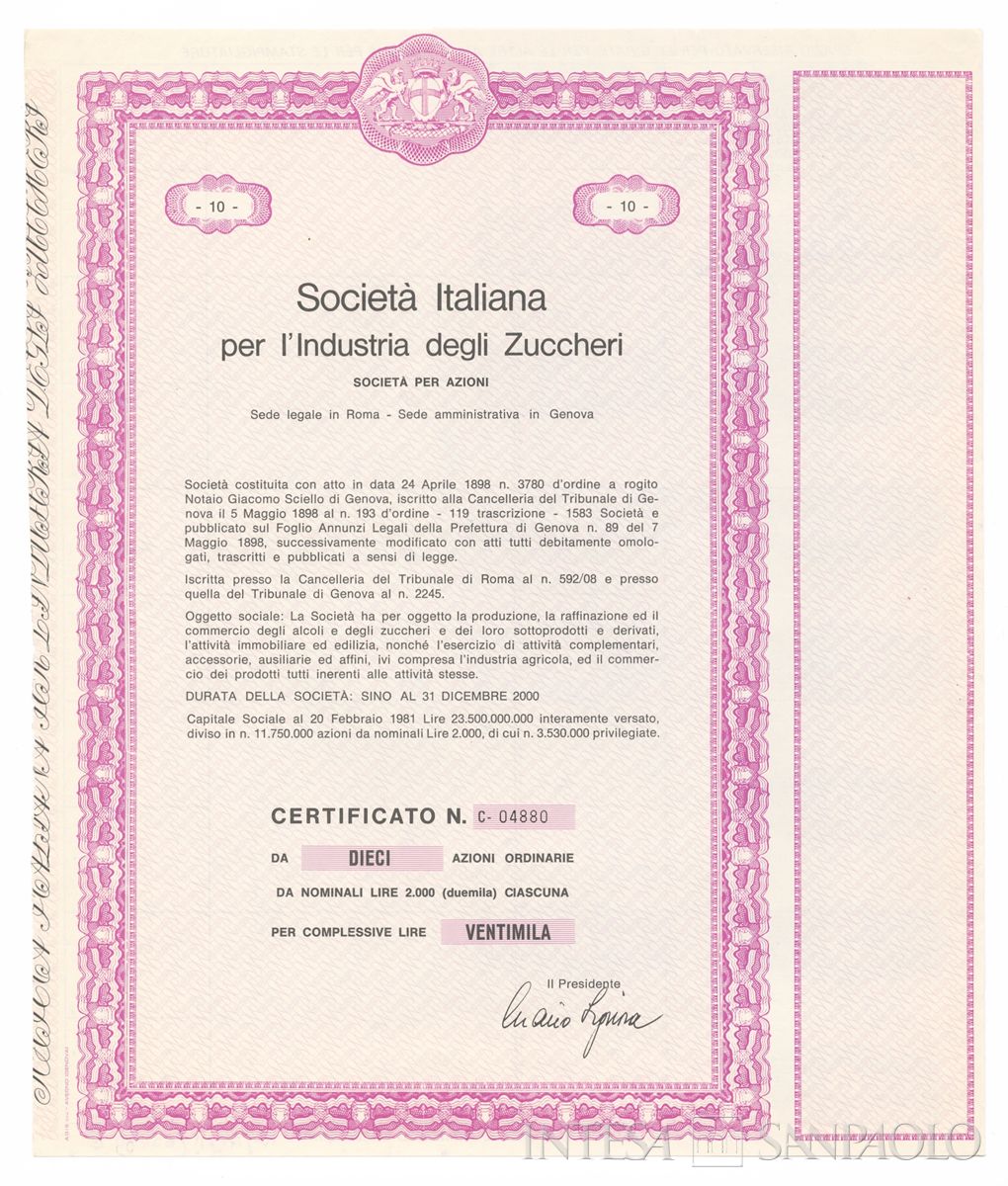 Italiana industria degli Zuccheri SpA, certificati azionari nominativi - recto c