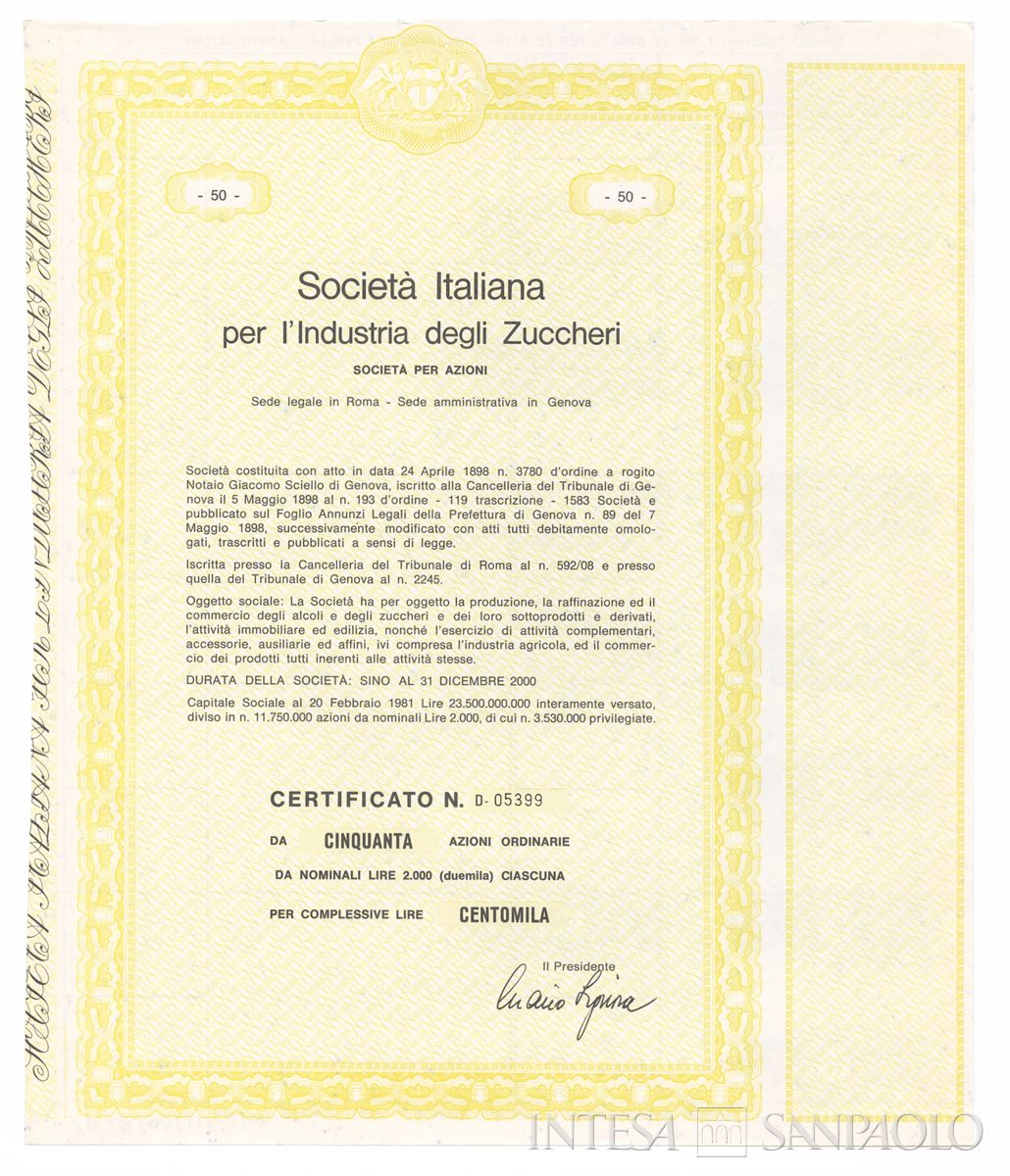 Italiana industria degli Zuccheri SpA, certificati azionari nominativi - recto d