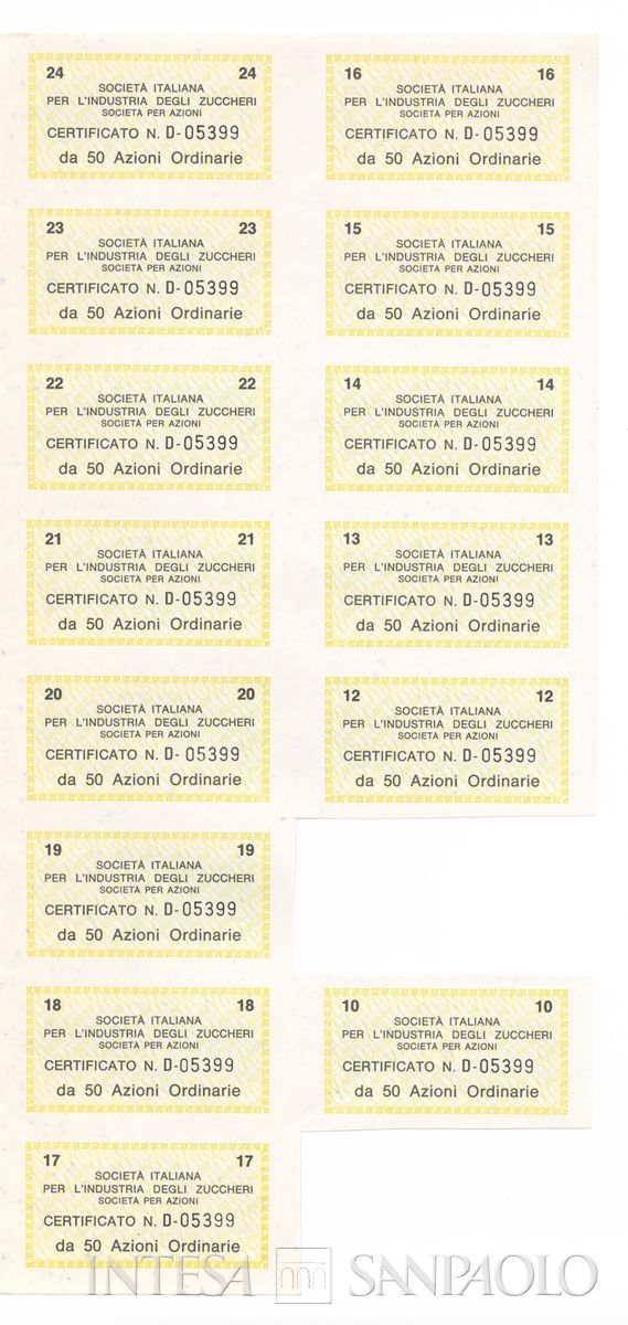 Italiana industria degli Zuccheri SpA, certificati azionari nominativi - recto d