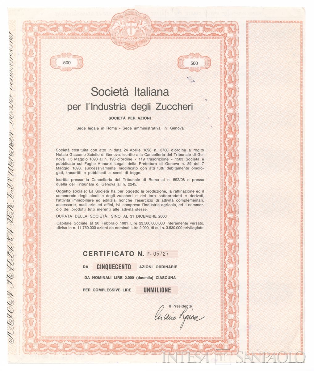 Italiana industria degli Zuccheri SpA, certificati azionari nominativi - recto e