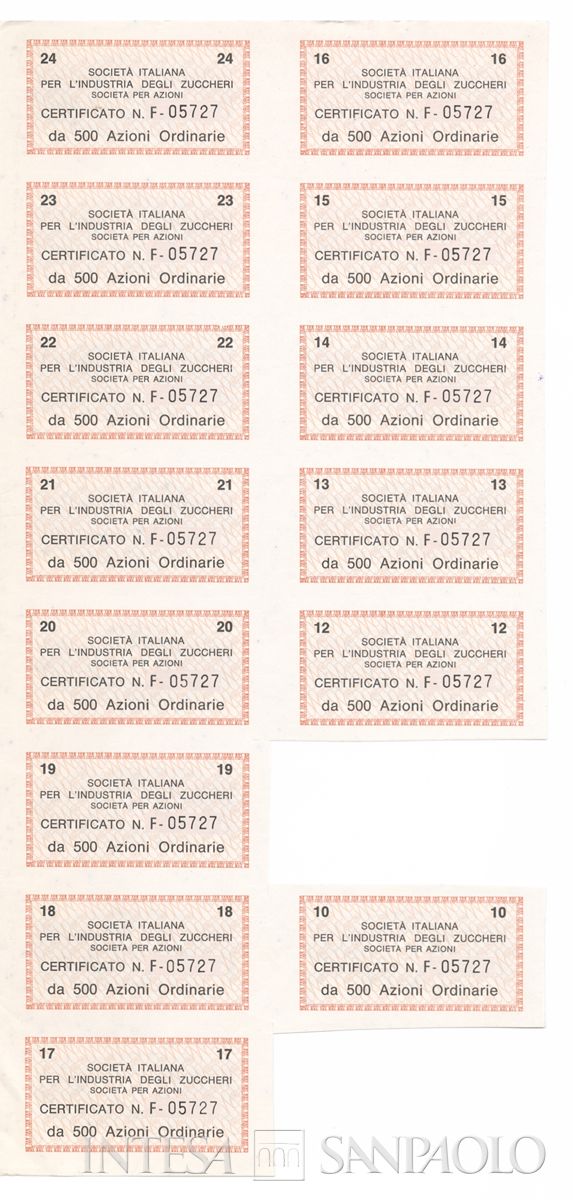 Italiana industria degli Zuccheri SpA, certificati azionari nominativi - recto e