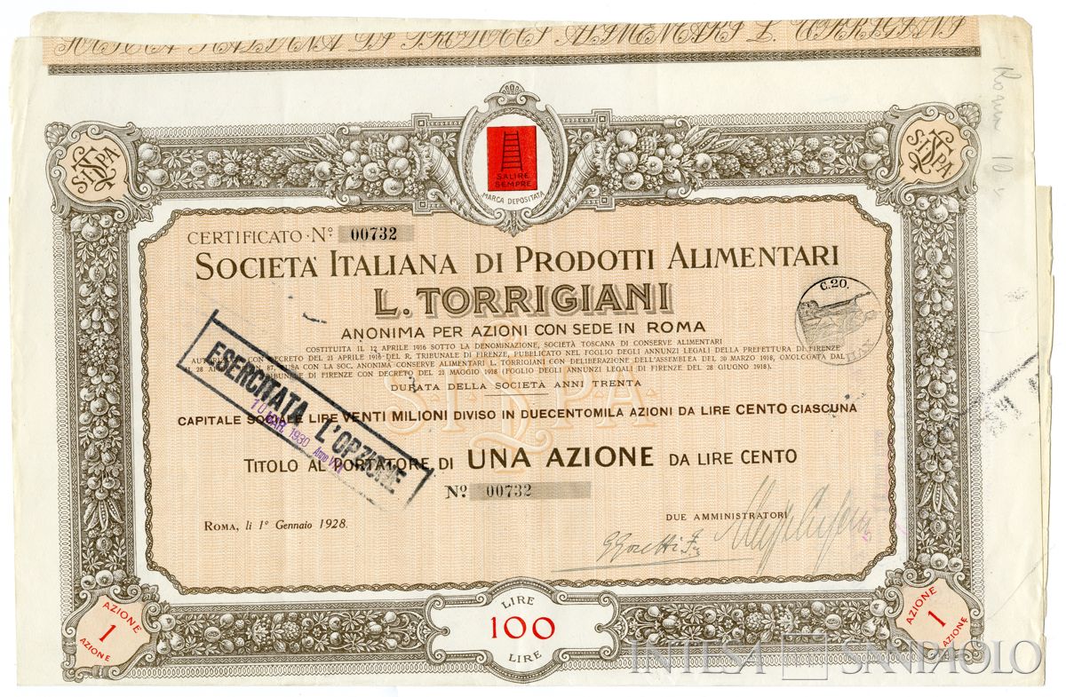 Italiana Prodotti Alimentari L. Torrigiani SpA, certificati azionari al portatore - recto a