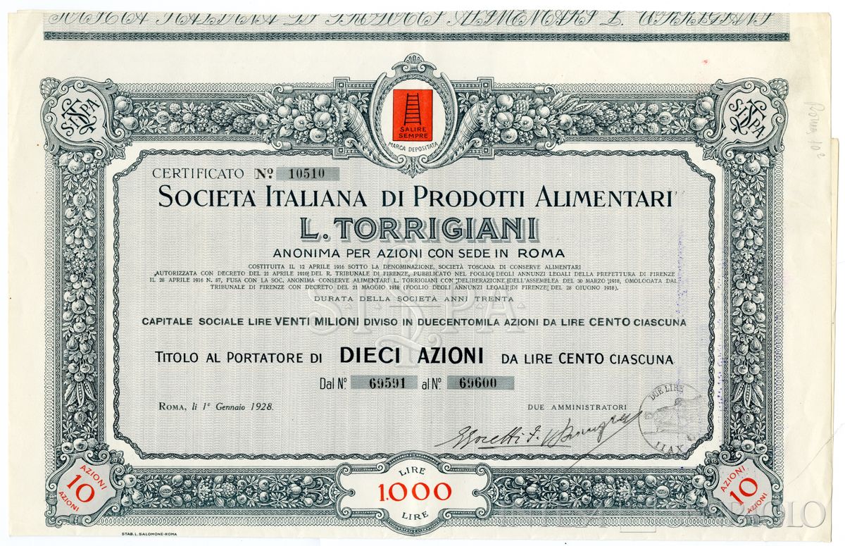 Italiana Prodotti Alimentari L. Torrigiani SpA, certificati azionari al portatore - recto b