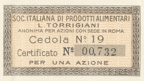 Italiana Prodotti Alimentari L. Torrigiani SpA, certificati azionari al portatore - dettaglio a