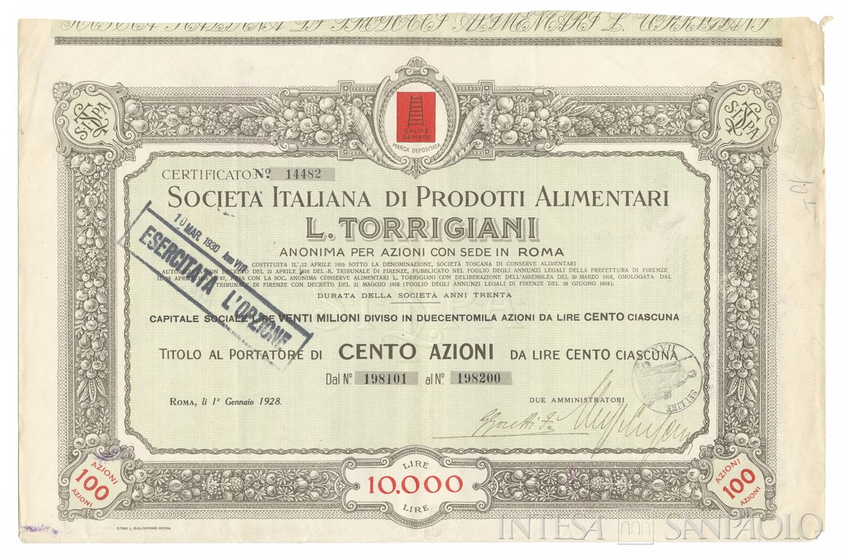 Italiana Prodotti Alimentari L. Torrigiani SpA, certificati azionari al portatore - recto c