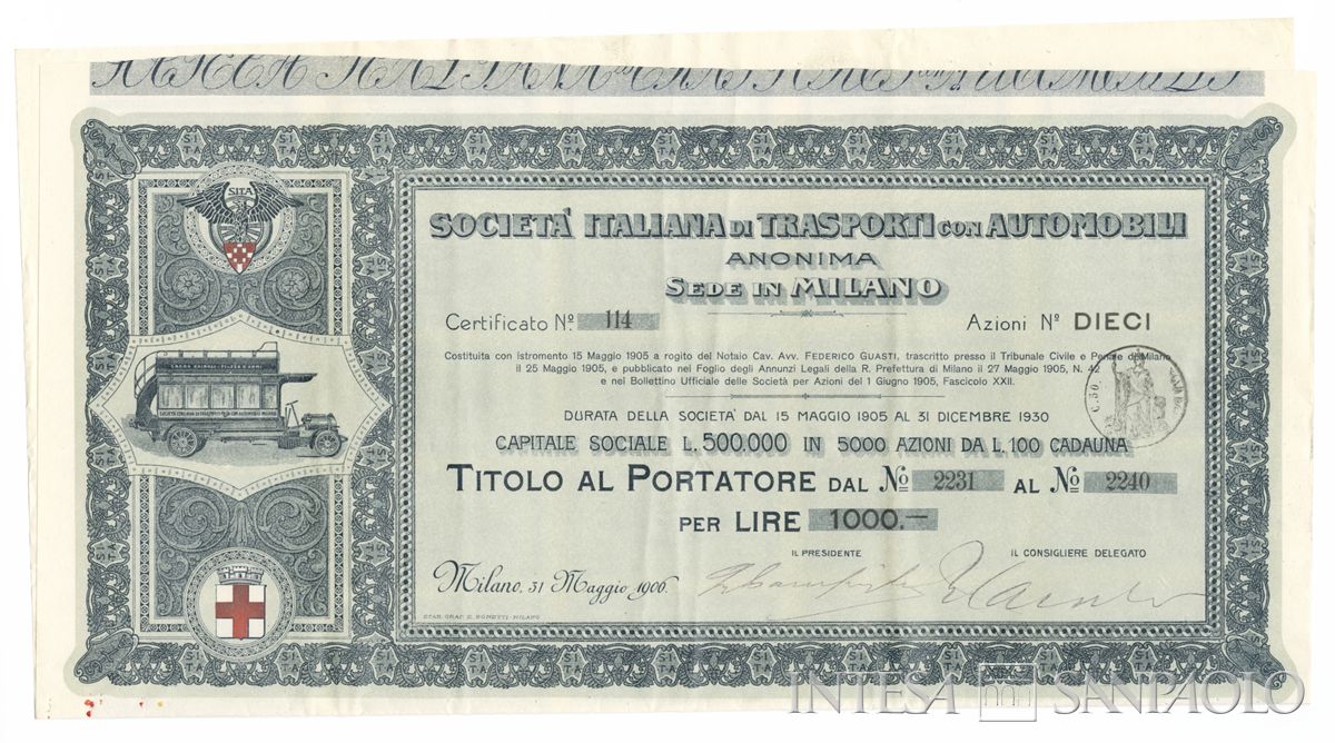 Italiana Trasporti con automobili SA SITA, certificati azionari al portatore - recto a