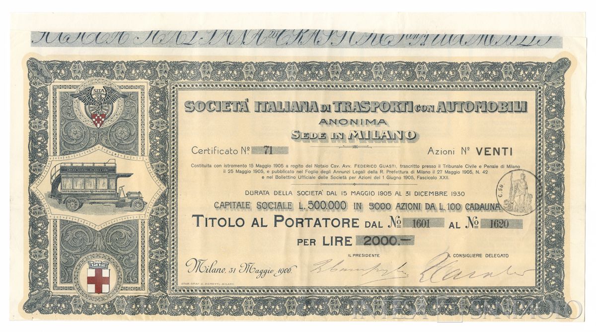 Italiana Trasporti con automobili SA SITA, certificati azionari al portatore - recto b