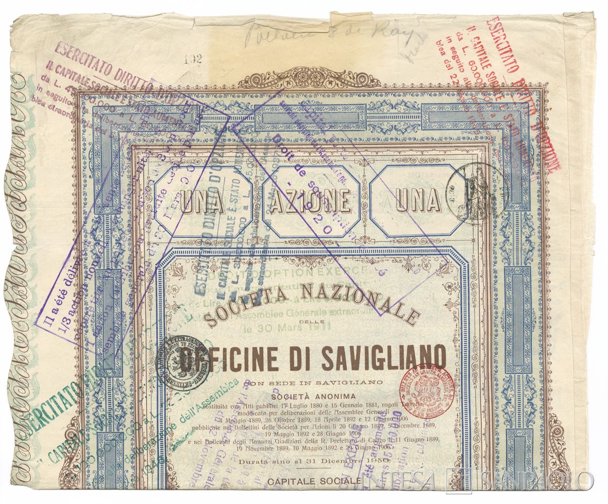 Officine di Savigliano Società Nazionale SA, certificato azionario al portatore - recto