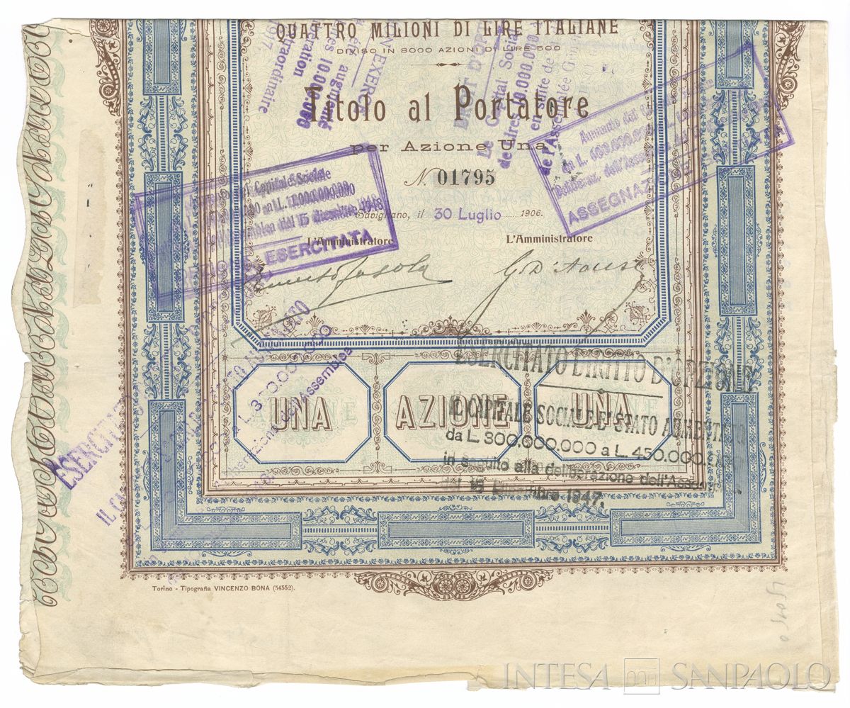 Officine di Savigliano Società Nazionale SA, certificato azionario al portatore - recto