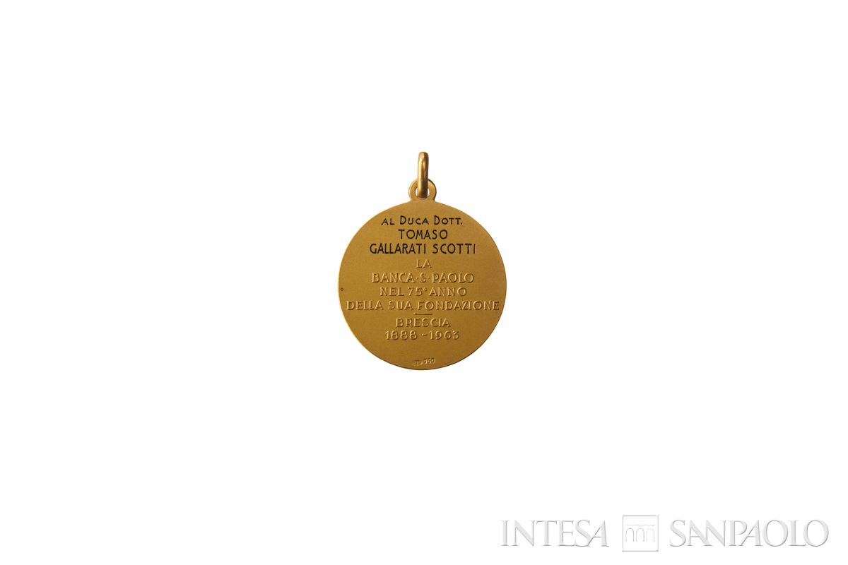 Medaglia del 75° anniversario della Banca San Paolo di Torino, omaggio al Duca Tomaso Gallarati Scotti, 1963 (retro)