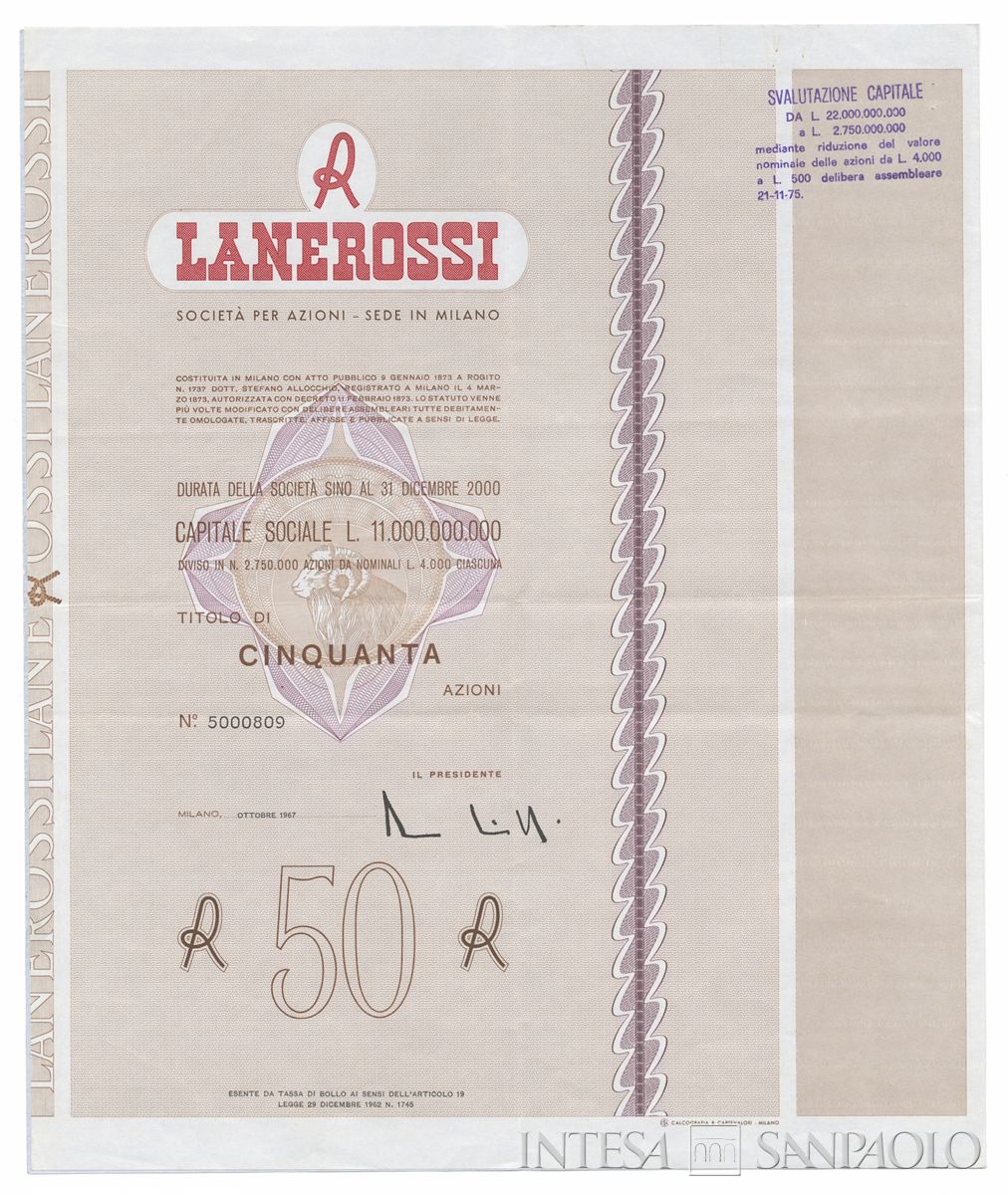 Lanerossi SpA già Lanificio Rossi SpA, certificato azionario nominativo recto