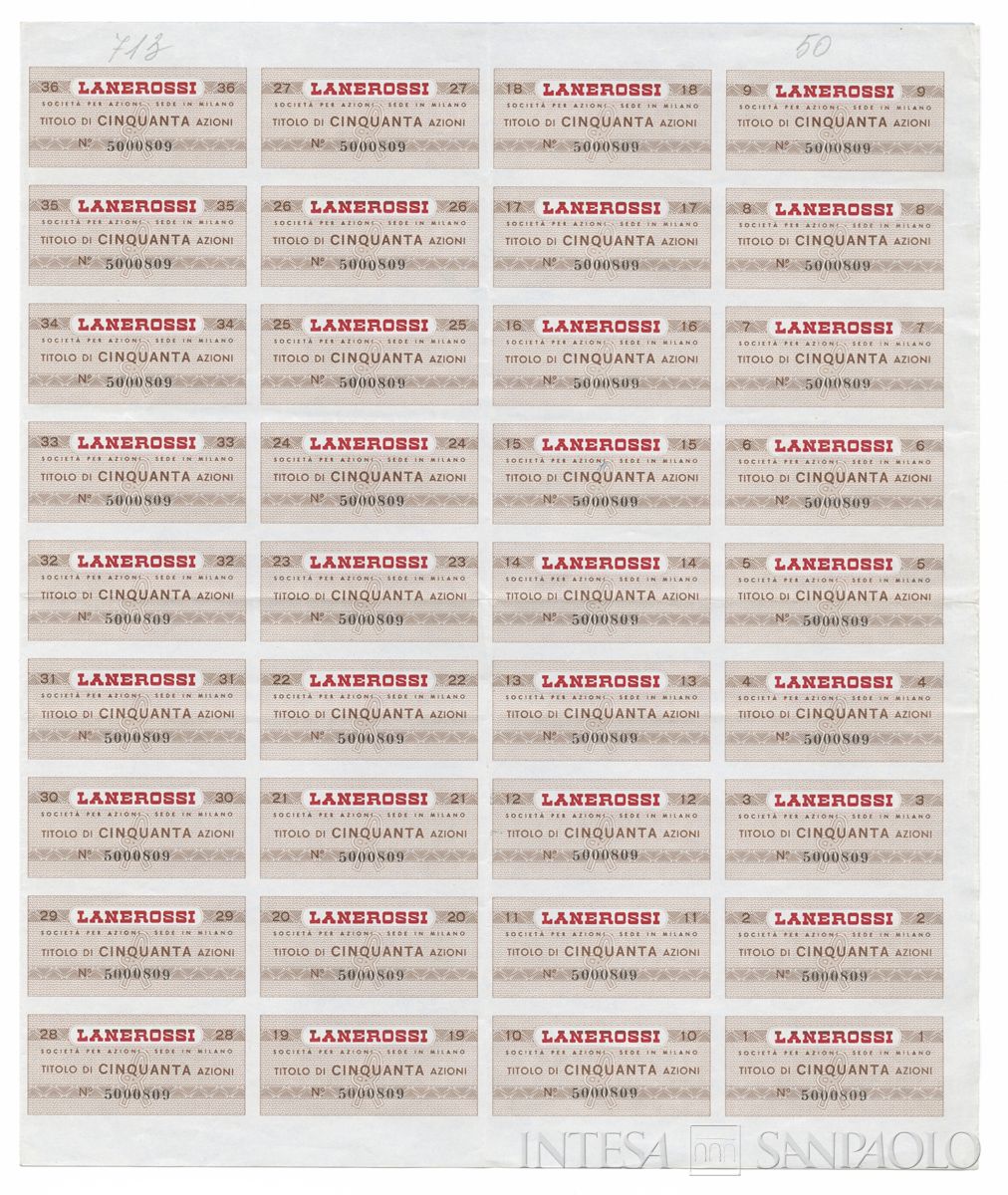 Lanerossi SpA già Lanificio Rossi SpA, certificato azionario nominativo recto