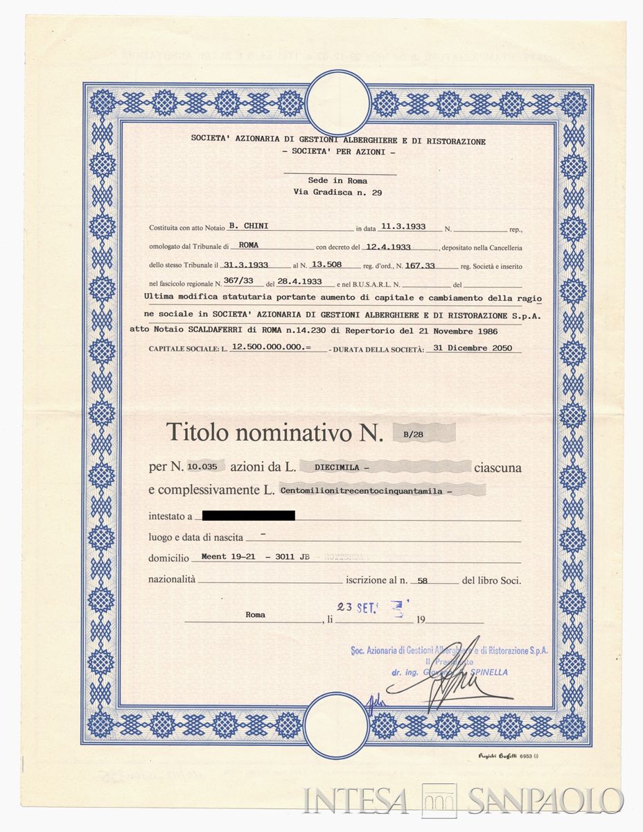 Gestioni alberghiere e di ristorazione SpA, certificato azionario nominativo - recto