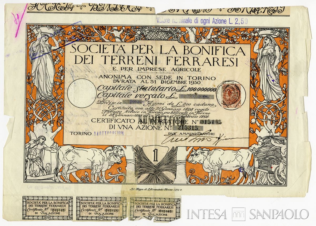 Bonifica dei terreni ferraresi e per imprese agricole SA, certificati azionari nominativi - recto a
