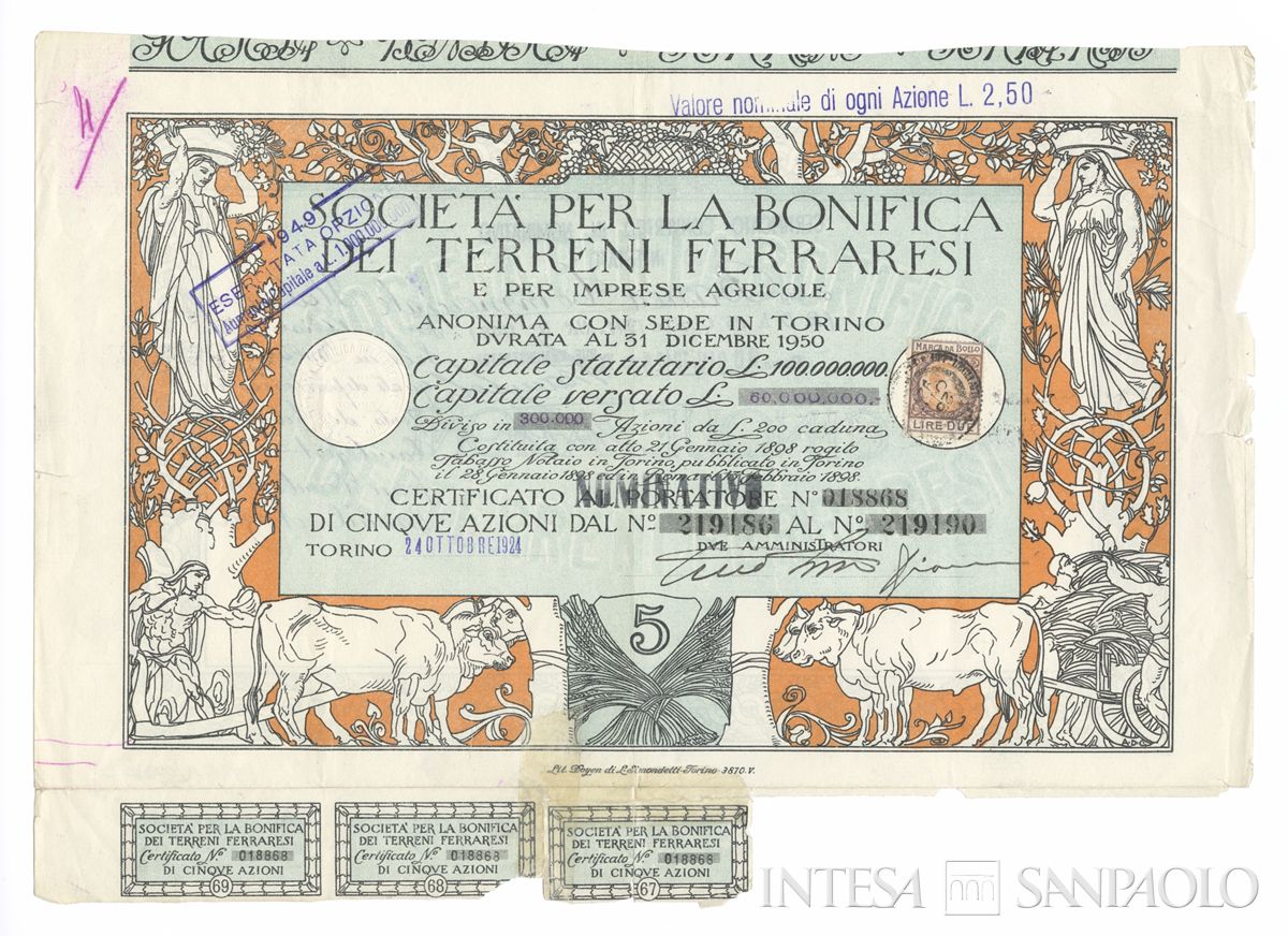 Bonifica dei terreni ferraresi e per imprese agricole SA, certificati azionari nominativi - recto b