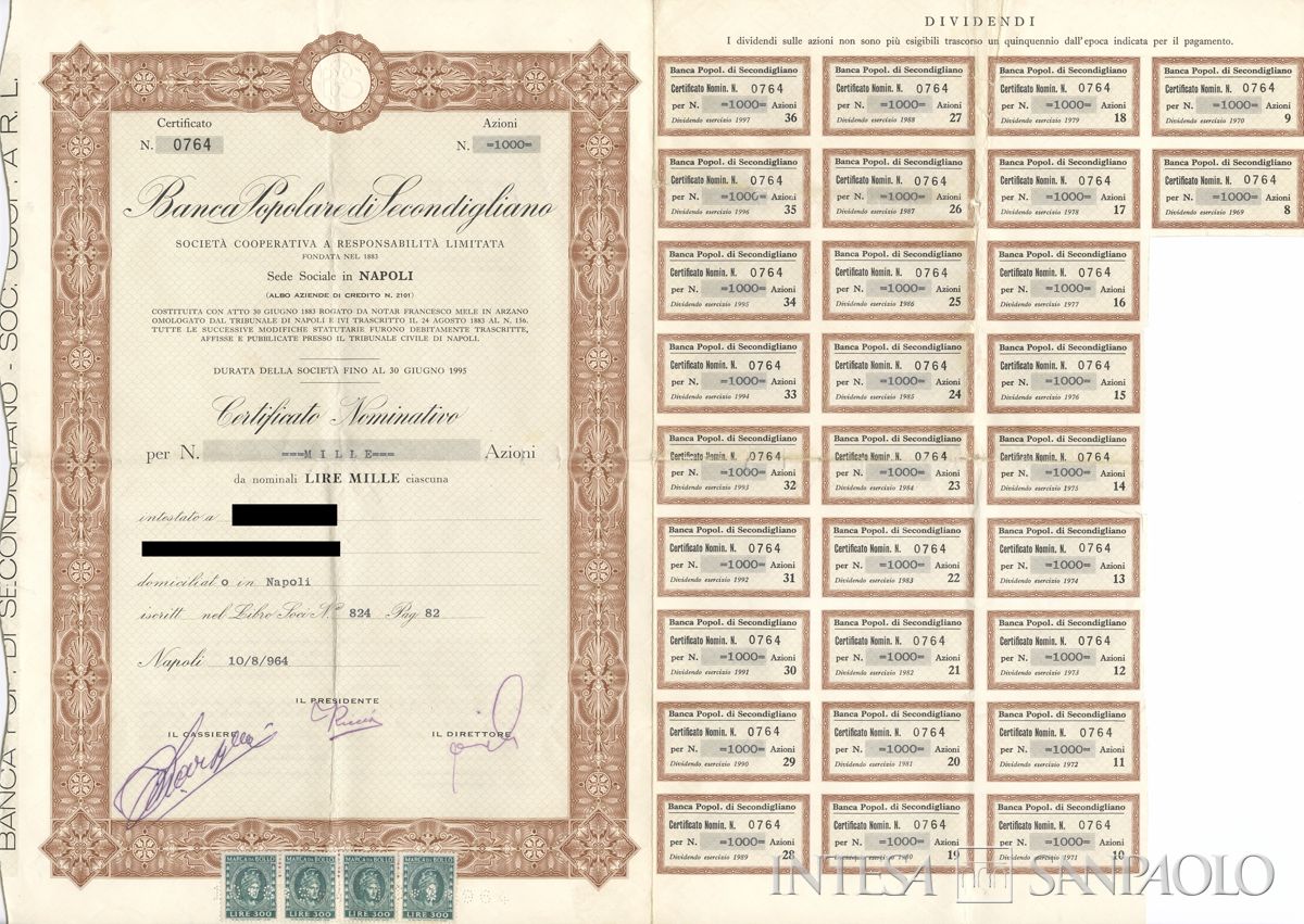 Banca Popolare di Secondigliano, certificato azionario nominativo