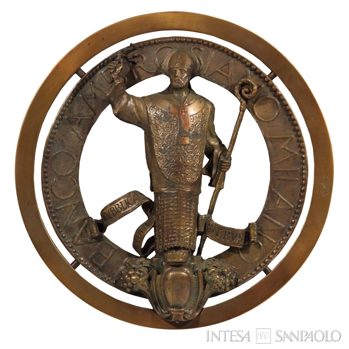 Banco Ambrosiano, fregio in bronzo raffigurante Sant'Ambrogio, post 1956