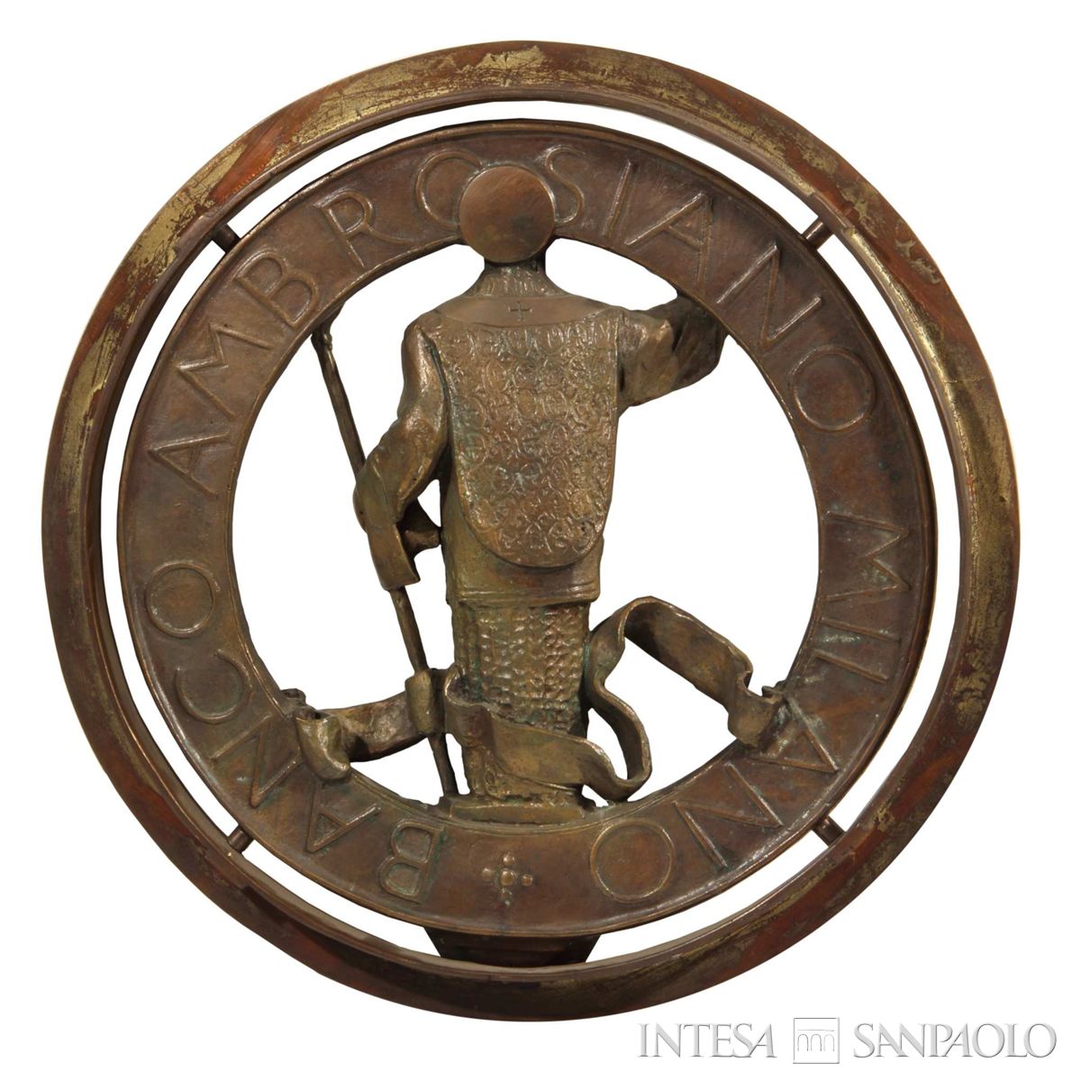 Banco Ambrosiano, fregio in bronzo raffigurante Sant'Ambrogio, post 1956