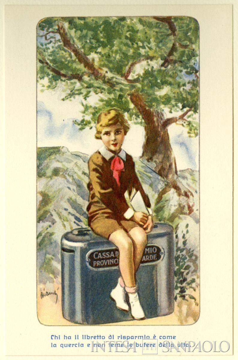 Alberto Bianchi, cartolina con illustrazione e motto sul risparmio, 1930