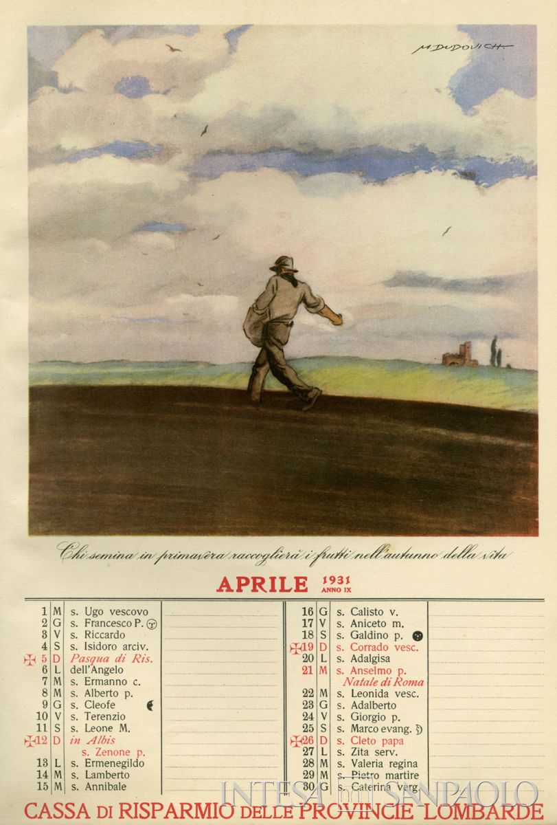 Marcello Dudovich, illustrazione per almanacco (aprile), tempera su carta, 1930