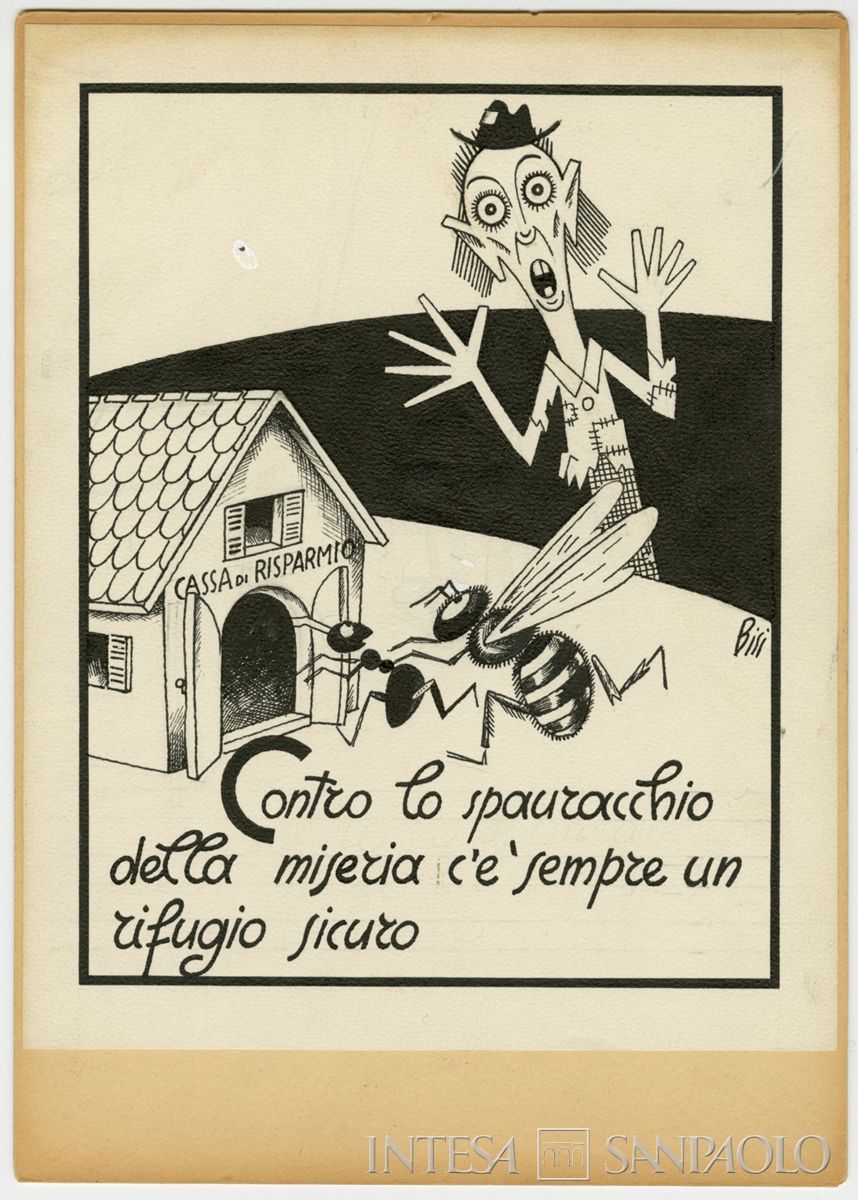 Carlo Bisi, "Contro lo spauracchio della miseria c'è sempre un rifugio sicuro", carta assorbente, 1930 circa
