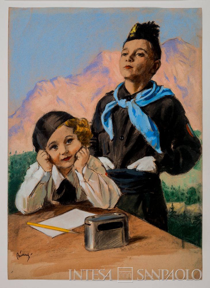 Cariplo - Bianchi, bozzetti d'autore sul risparmio con Balilla e Piccola Italiana, 1933