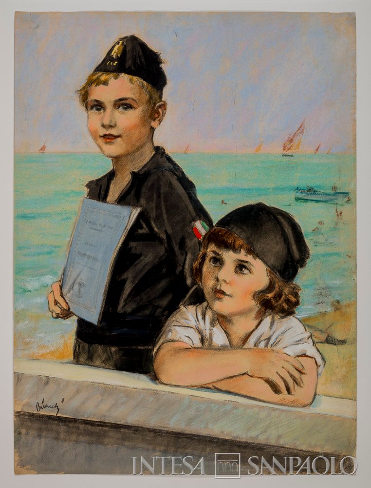 Cariplo - Bianchi, bozzetti d'autore sul risparmio con Balilla e Piccola Italiana, 1933