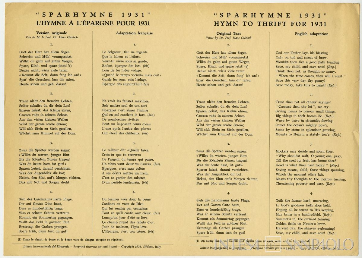 Giebisch-Kienzl, Inno del risparmio, 1931 (testo)