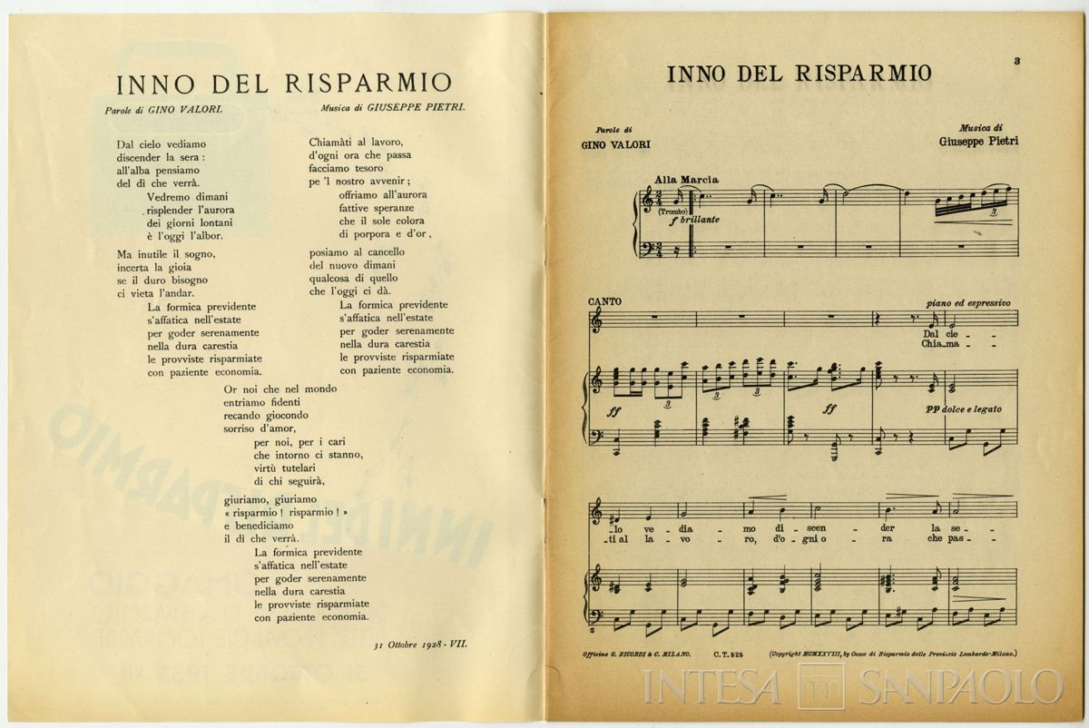 Cariplo, Inno del risparmio, 1933 (testo e spartito del 1928)