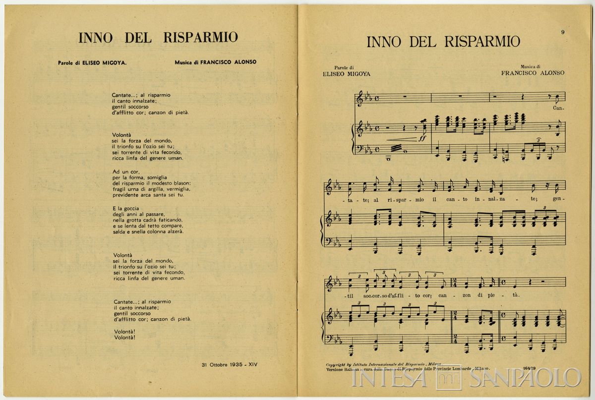 Cariplo, Inno del risparmio, 1935 (testo e spartito)