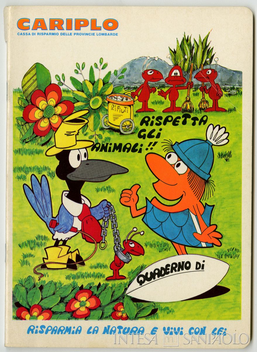 Copertina per quaderno, con illustrazioni a fumetti della saga "Longobardo e Pica Pica": risparmia la natura e vivi con lei, 1979