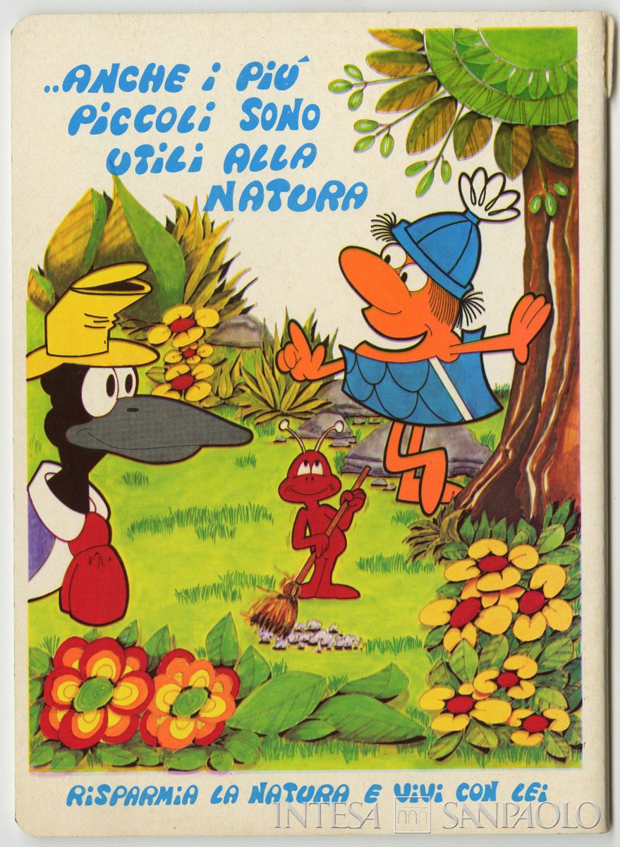 Copertina per quaderno, con illustrazioni a fumetti della saga "Longobardo e Pica Pica": risparmia la natura e vivi con lei, 1979