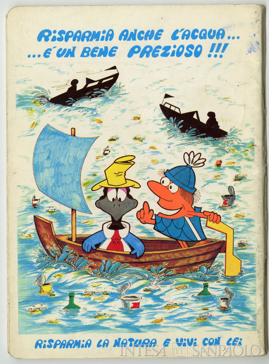 Copertina per quaderno, con illustrazioni a fumetti della saga "Longobardo e Pica Pica": risparmia la natura e vivi con lei, 1979